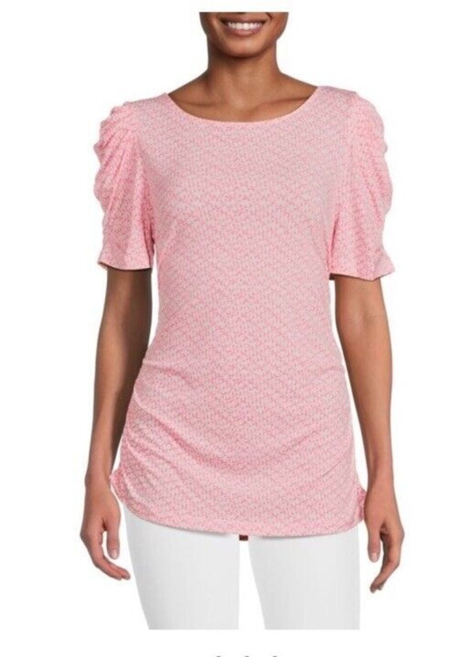 DKNY Womens Pink Ruched Puff Sleeve Top  Size M Strech Blouse NWT